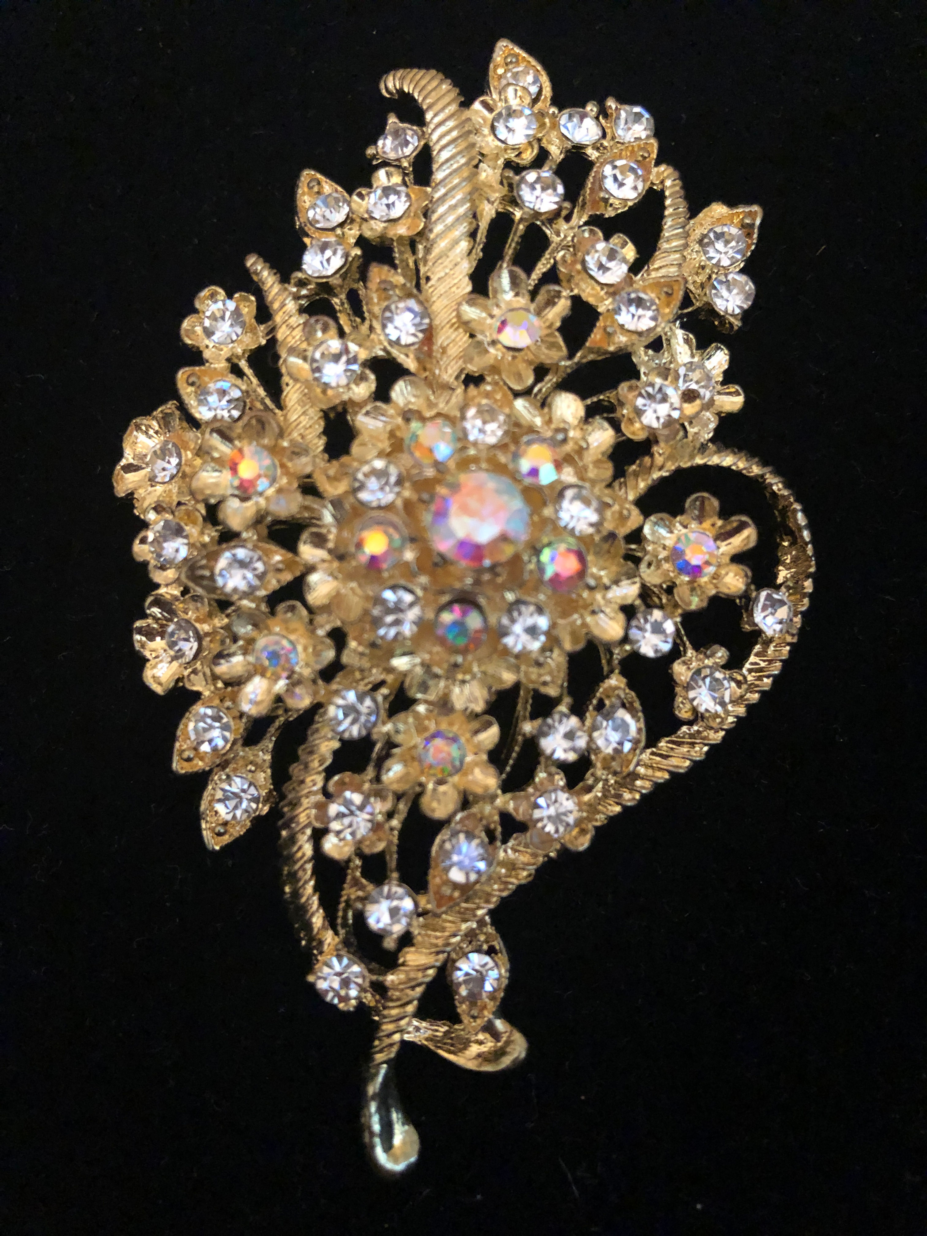 Gold flower Aurora Borealis crystal brooch