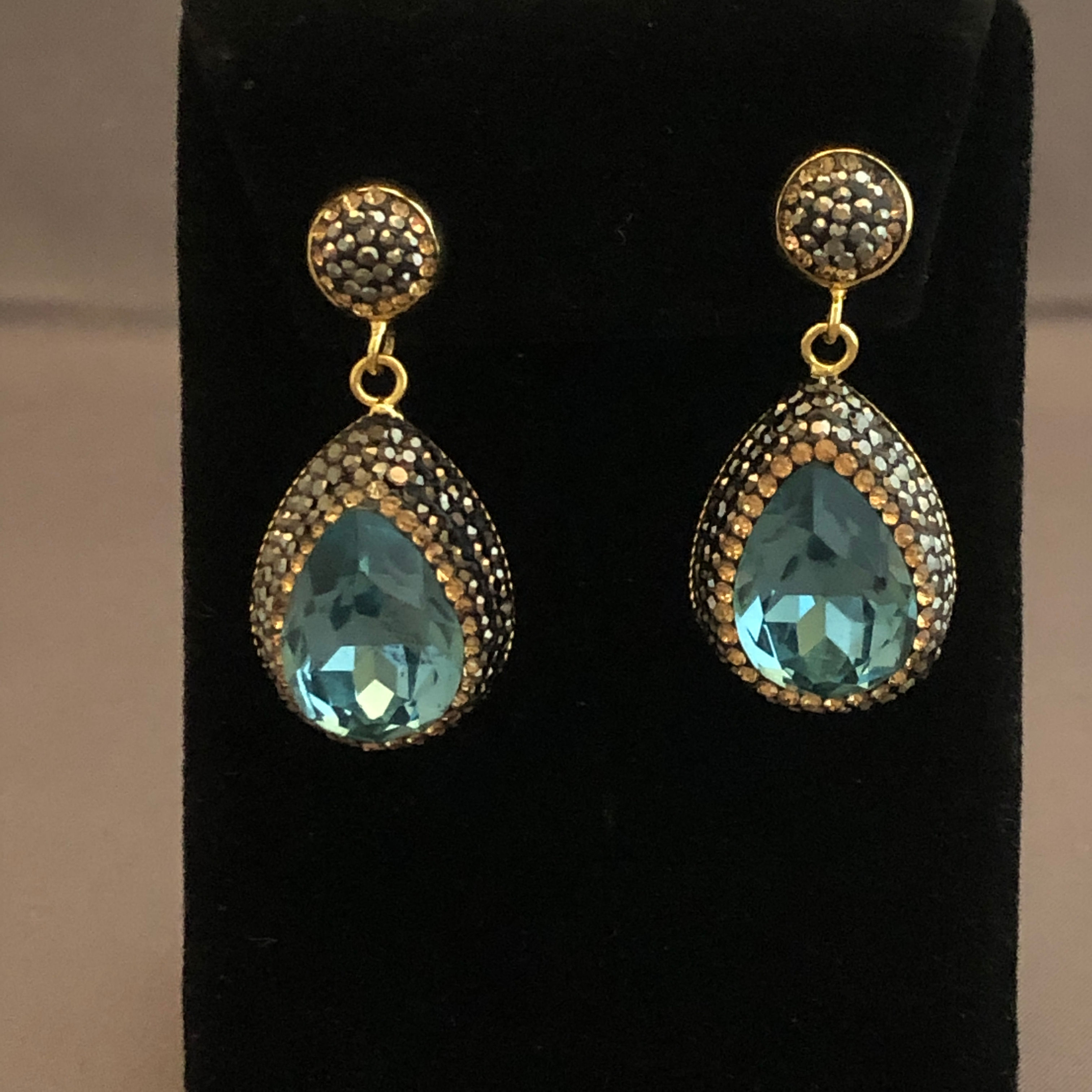 Blue green tear drop pierced Austrian crystal earrings