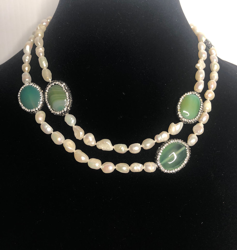 Thumbnail: White FWP necklace with GREEN stones and Swarovksi crystals