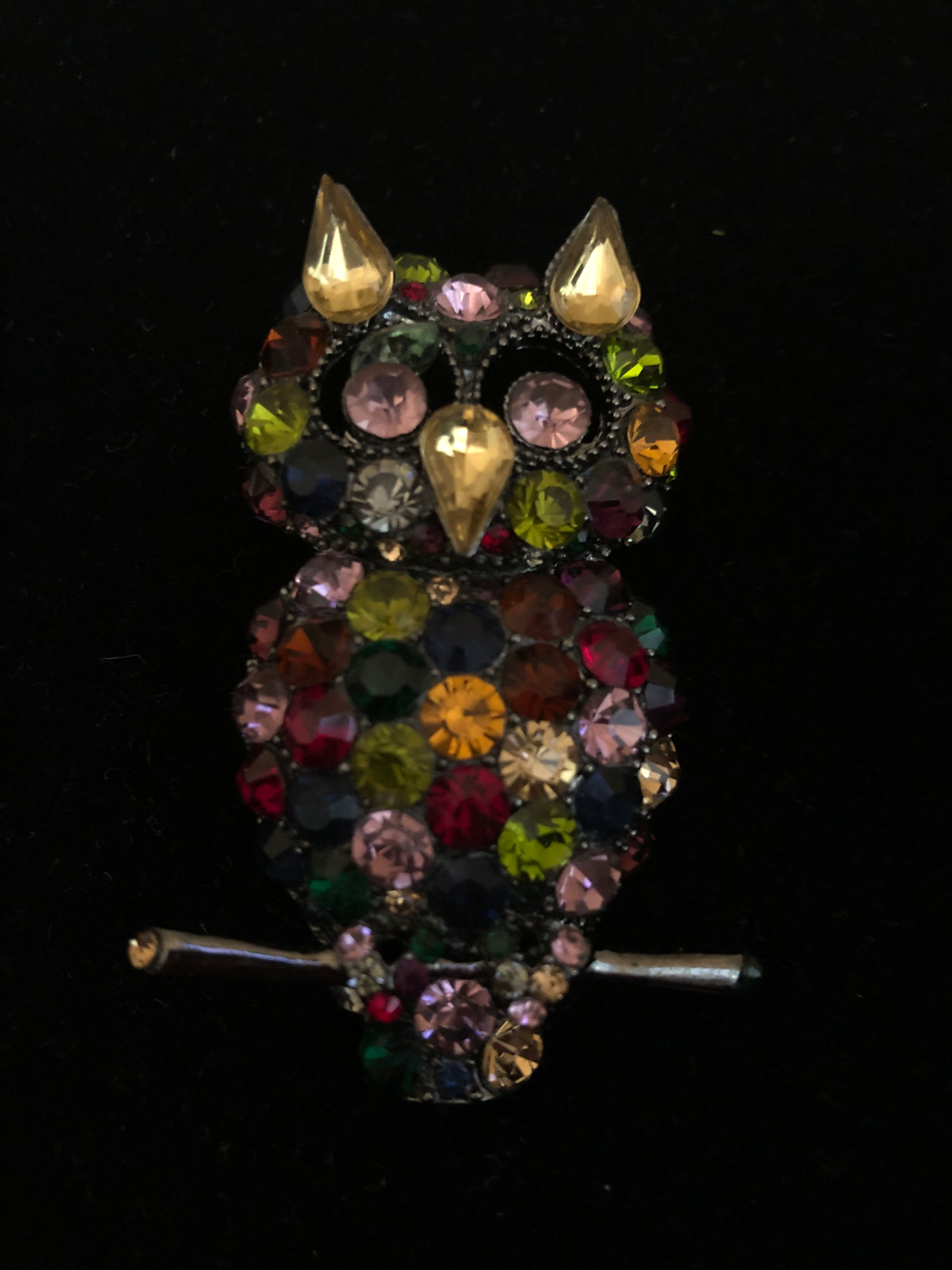 Multi colored Austrian crystal owl brooch