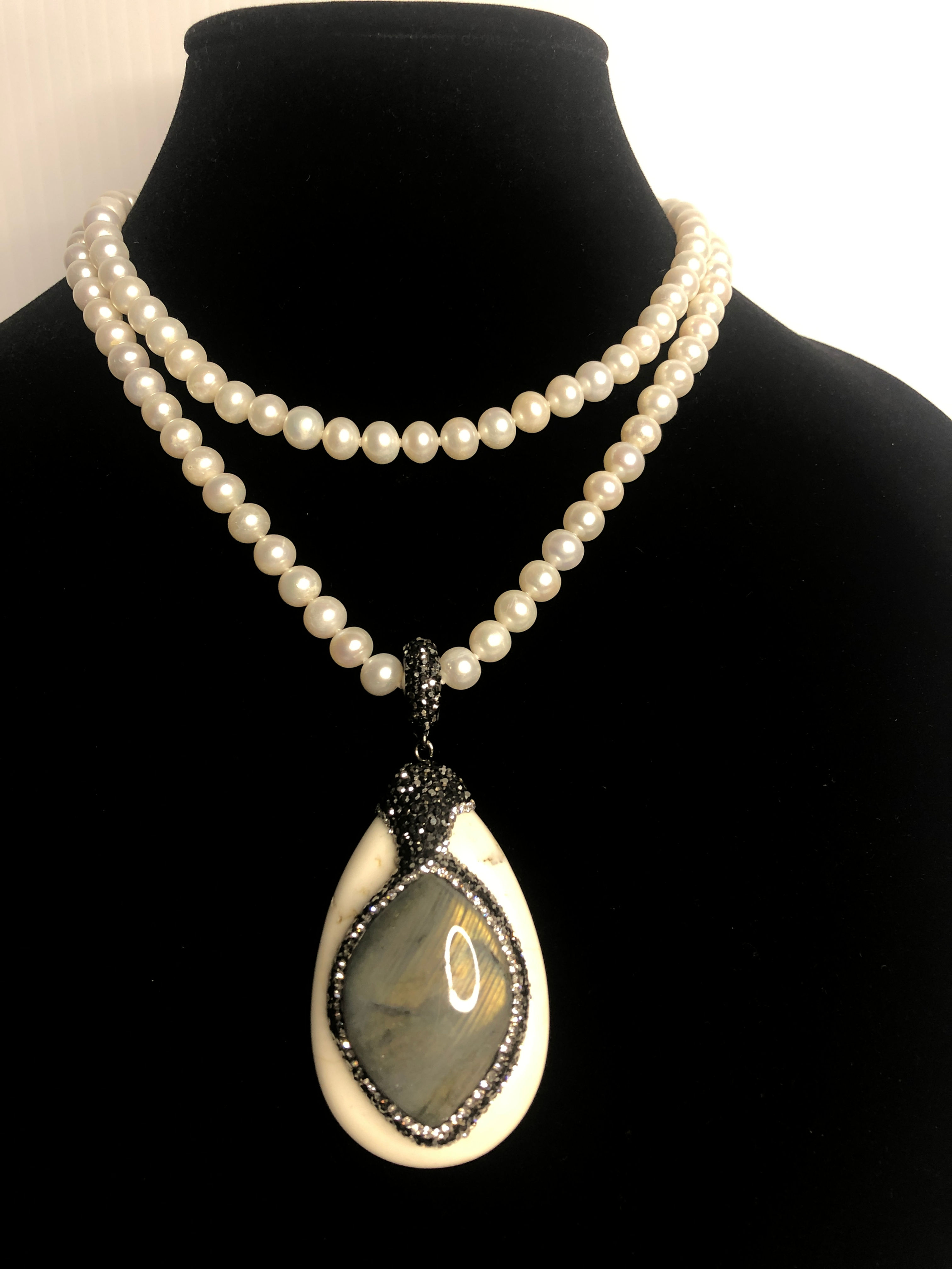 Long white FWP necklace with silver toggle clasp & Enhancer