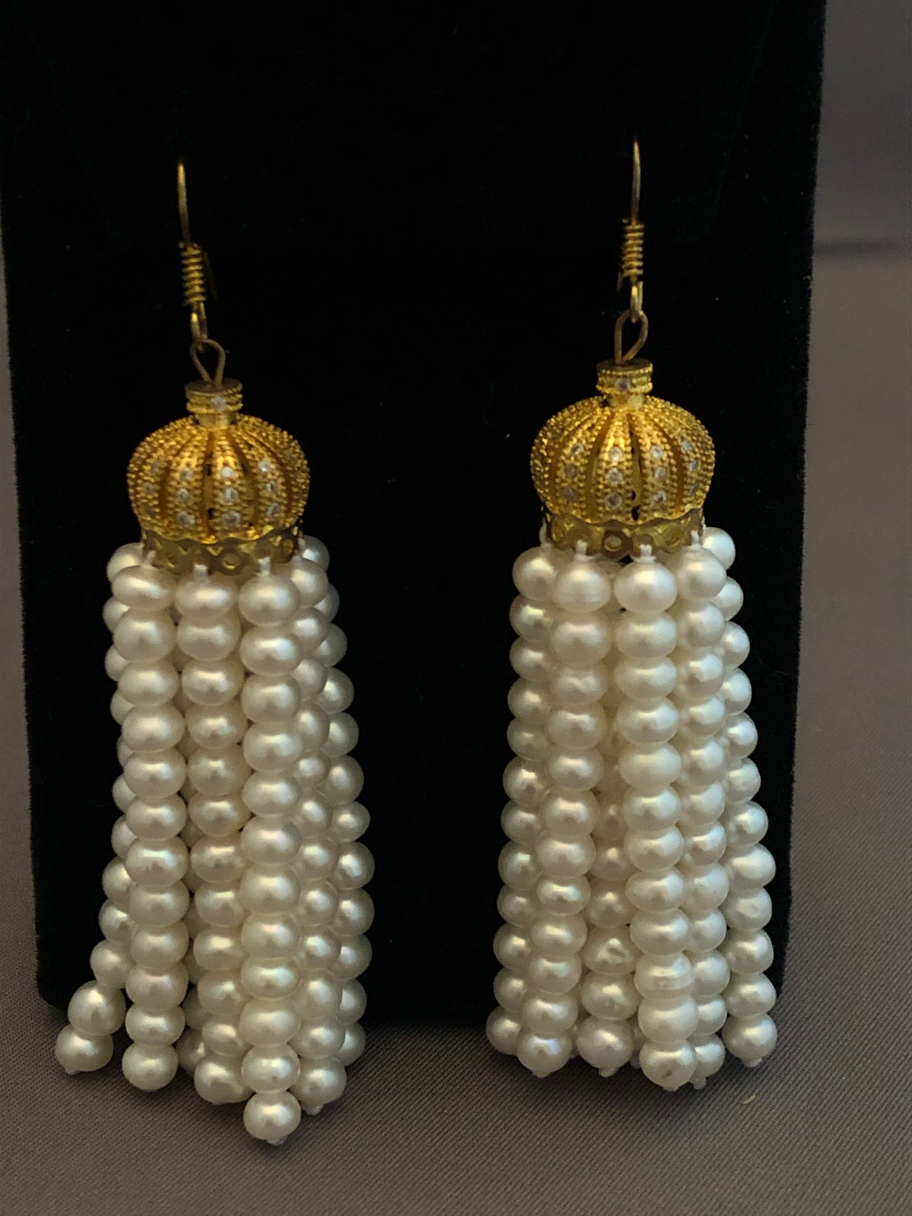 Gold crown white Freshwater Tassel Pearl Earring