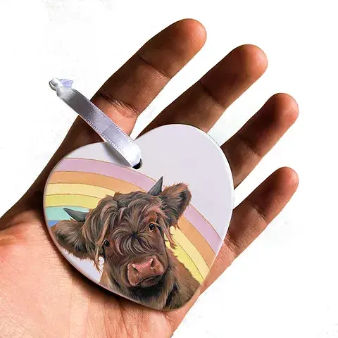 Rainbow highland cow heart hanger