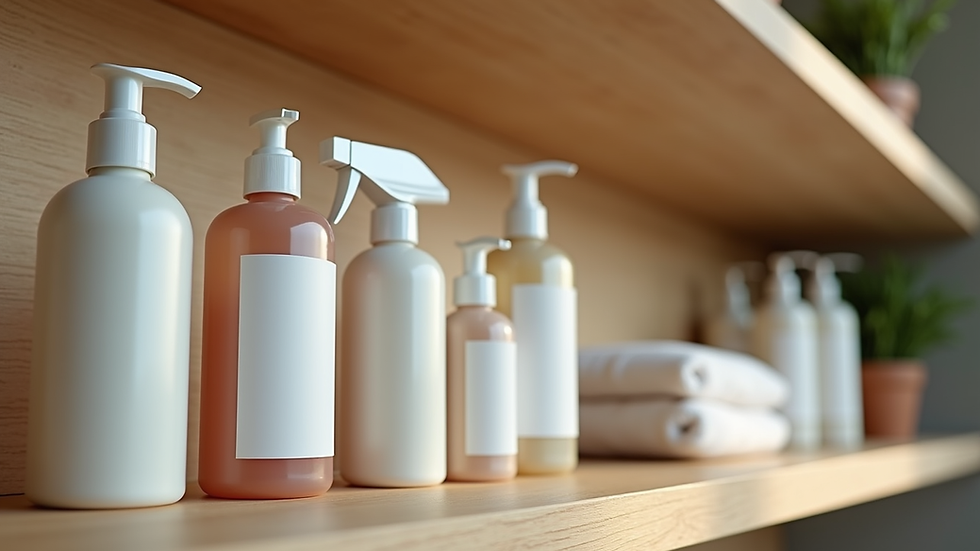 Eye-level view of eco-safe cleaning products arranged on a wooden shelf