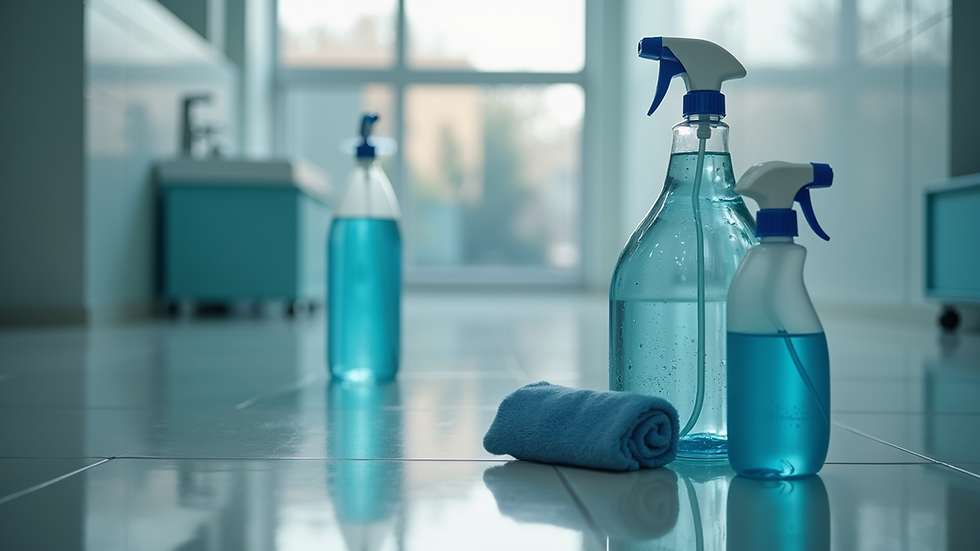Close-up view of cleaning equipment and supplies ready for use