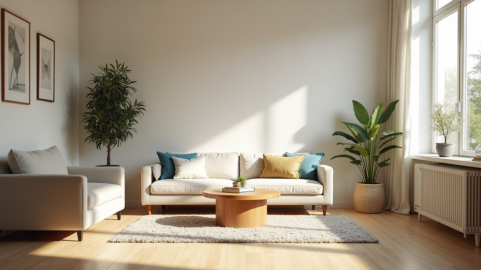 Eye-level view of a clean and organized living room with sunlight
