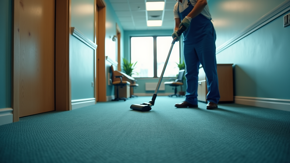 High angle view of a janitor vacuuming an office carpet