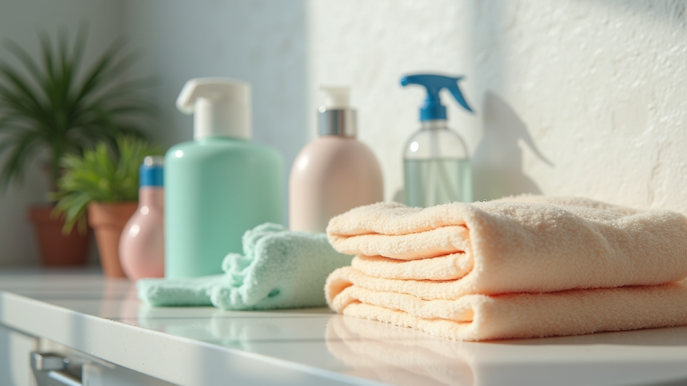 Close-up view of cleaning supplies arranged neatly on a countertop