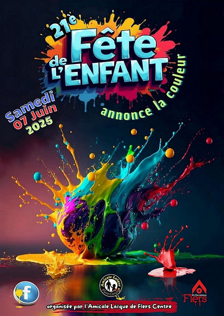 Affiche de la fête de l'Enfant représentant une explosion de peintures de différentes couleurs avec en titre l'inscription en tag de la 21 ème fête de l'enfant .