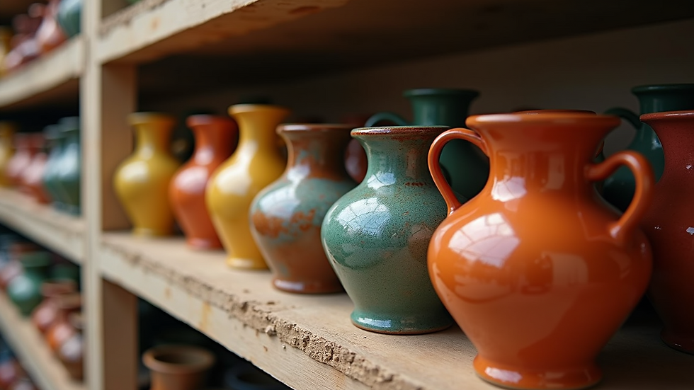 High angle view of colorful glazed pottery pieces drying on a shelf