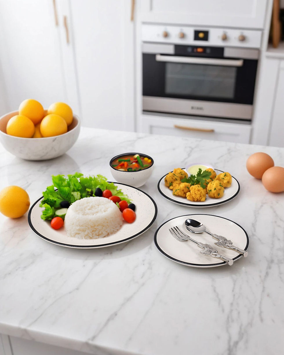 Thumbnail: Beautiful White with Black Rim Stoneware Dinner Set - 10 Pcs