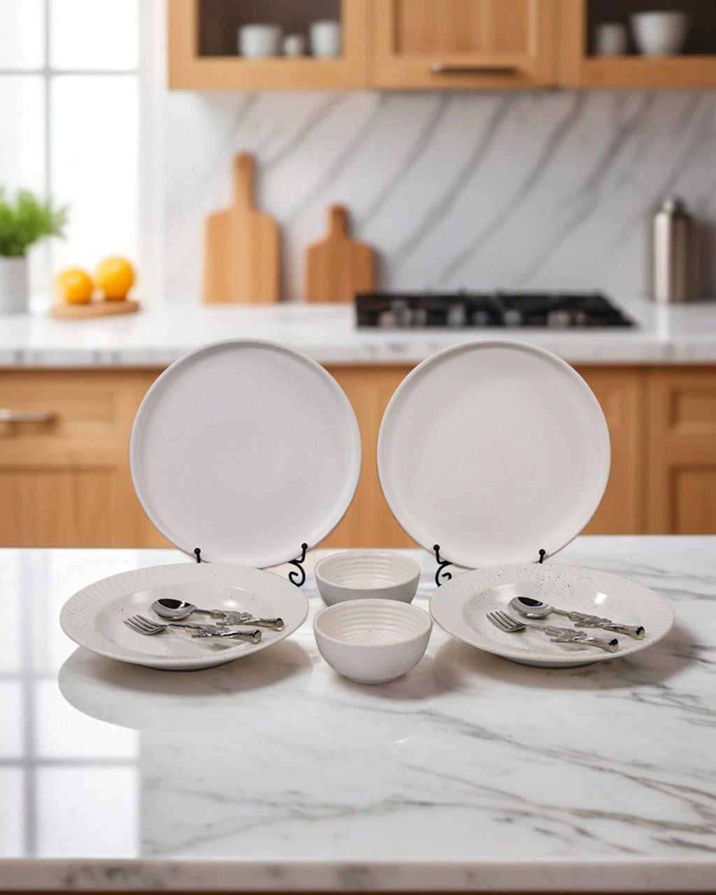 White Handcrafted Stoneware Dinner Set with Ornate Cutlery for 2