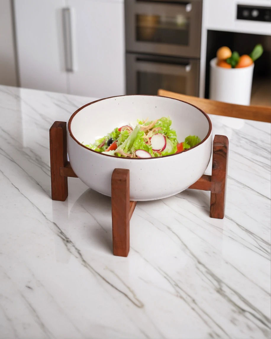 Thumbnail: Stoneware Serving Bowl With Wooden Stand Set