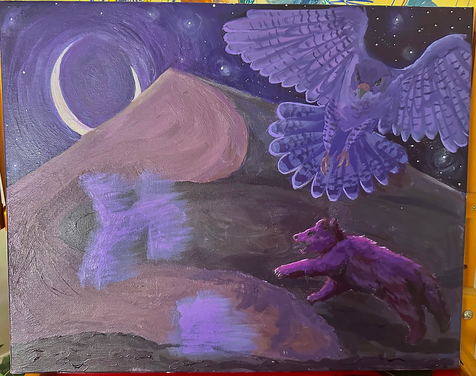 I painted the falcon, as well as the sky behind him.  They’re my two favorite parts of the piece.