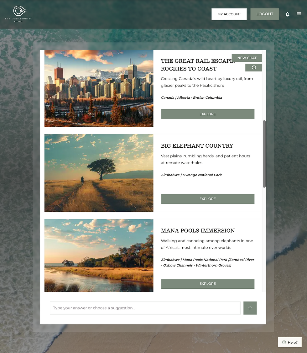 Screenshot of The Occasionist Studio showing three curated travel itineraries generated through a conversational AI interface.