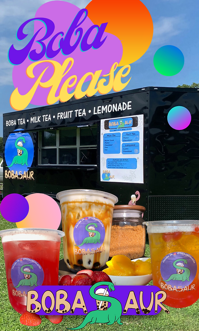 "Boba Please!" with a variety of drinks in front of the black food truck.