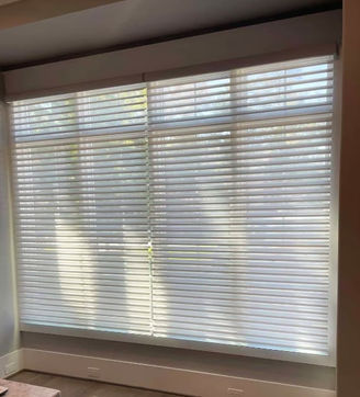 Living Room with semi-transparent sheer shades covering four double-hung windows with transoms.
