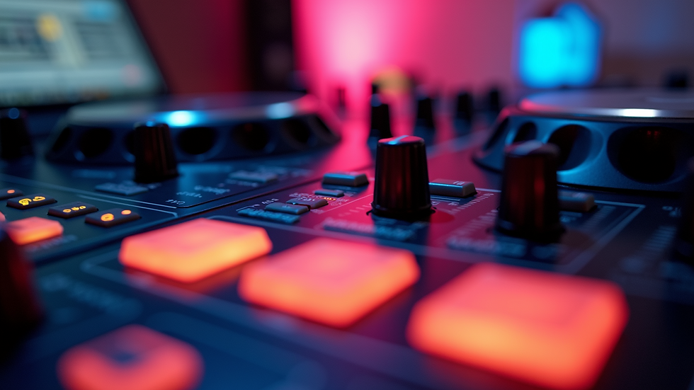 Close-up view of DJ mixing console with colorful buttons and sliders