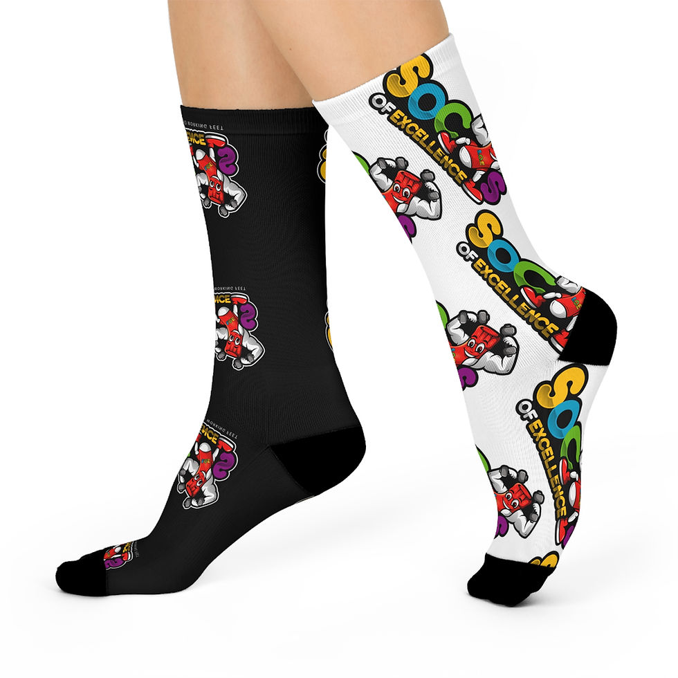 black and white mismatch socks of Excellence, modeling walking on toes.