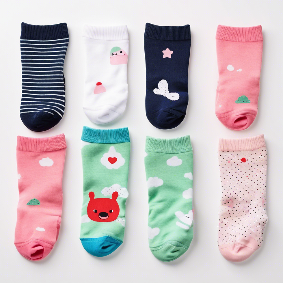 Two rows of baby knee high socks with different designs on each.