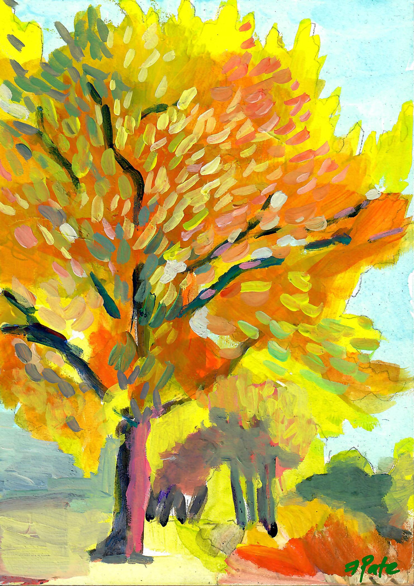 Autumn Fire, an original 5 x 7 in acrylic painting of a tree yellow and orange leaves and a magenta pink tree trunk.
