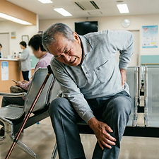 病院の待合室で、つらい腰の痛みと足のしびれに顔をしかめながら診察の順番を待つ高齢男性