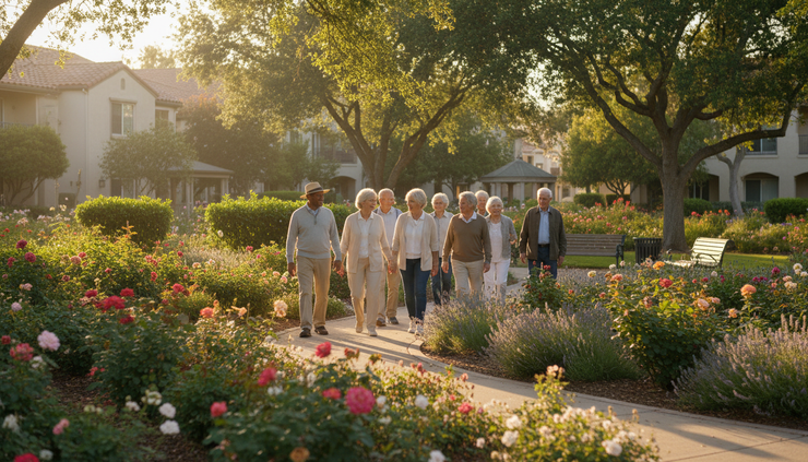 Wide-angle view of older adults walking through a sunny garden path at a senior living community.