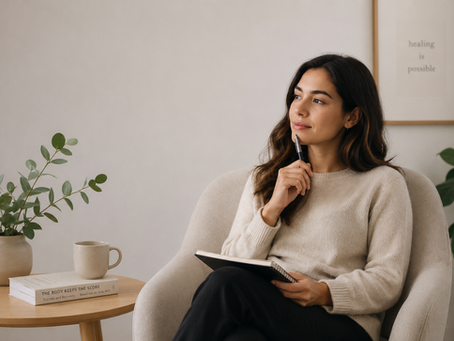 A woman sitting in a therapist office chair