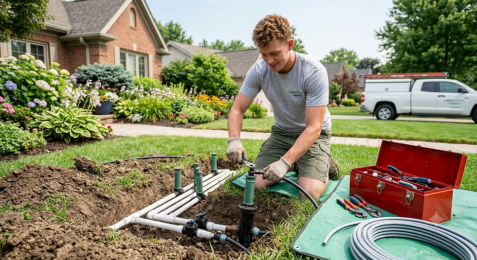 A man installing a sprinkler system into a front lawn.