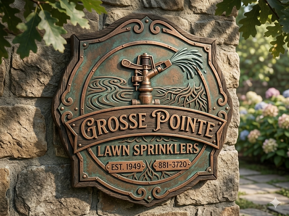 A bronze plaque that says "Grosse Pointe Lawn Sprinklers" its on a wall of a home with a flower garden in the background.
