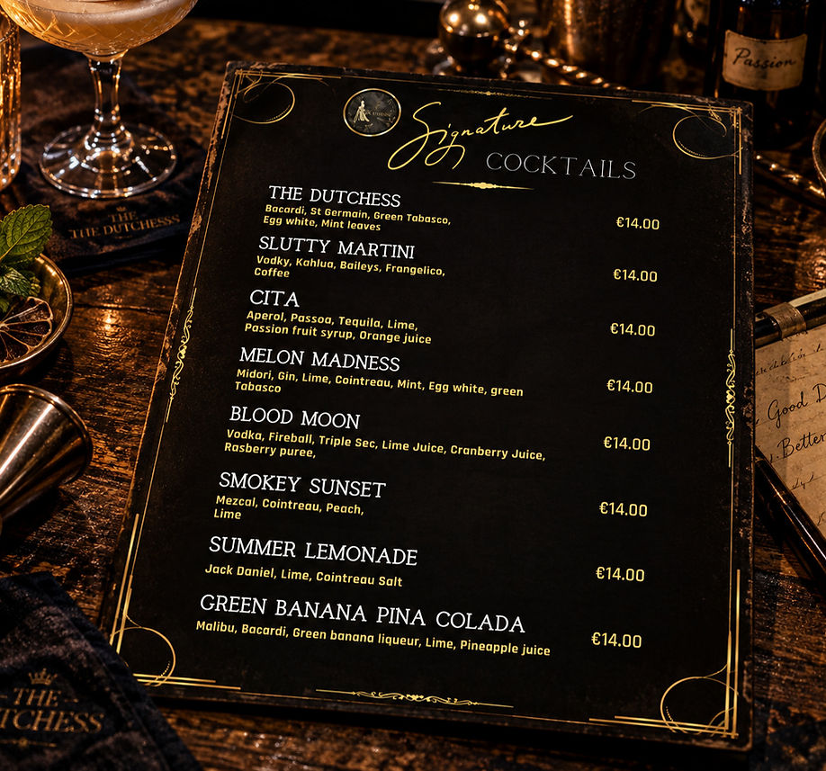 The Dutchess signature cocktail menu featuring original cocktails created for the bar in Sitges
