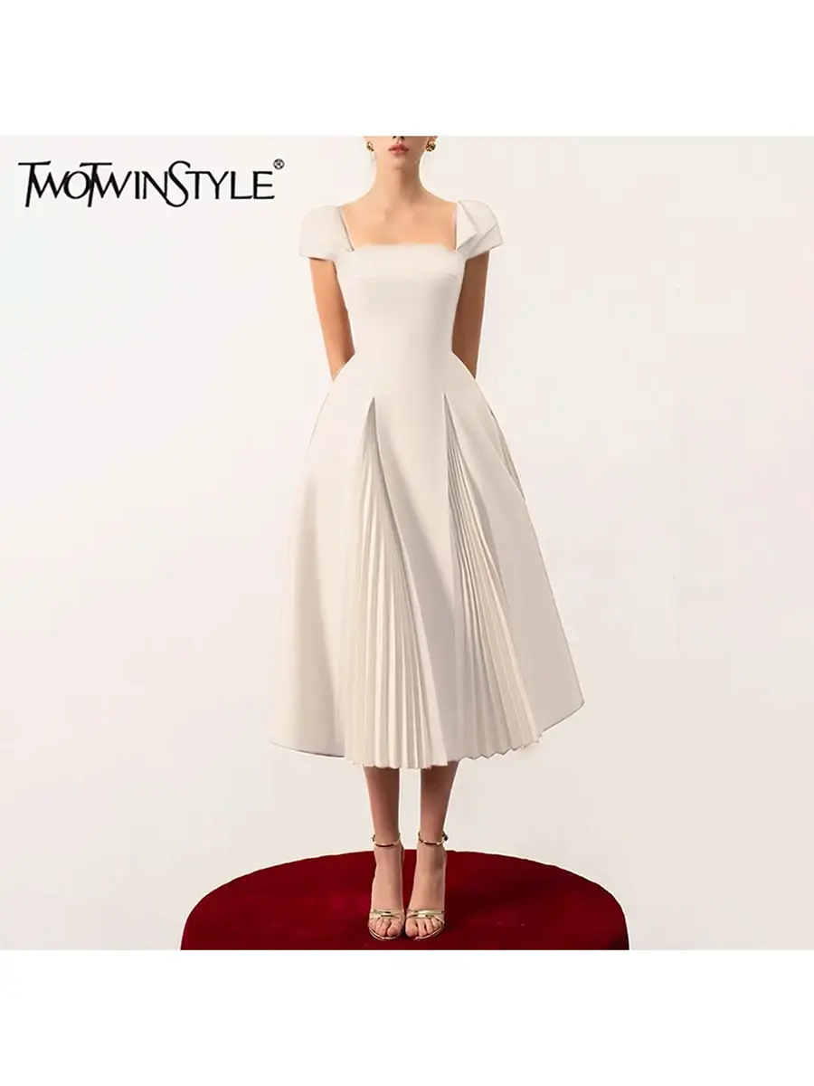 TWOTWINSTYLE Solid Slimming Midi Dresses for Women Square Neck Short Sleeve High
