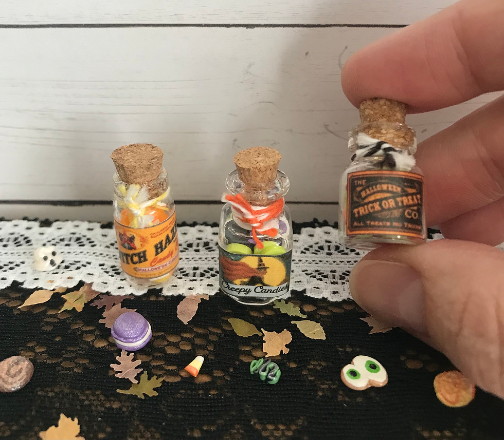 Set of 3 Halloween Dollhouse 1:12 Scale Assorted Sweets Potion Bottles, Candy