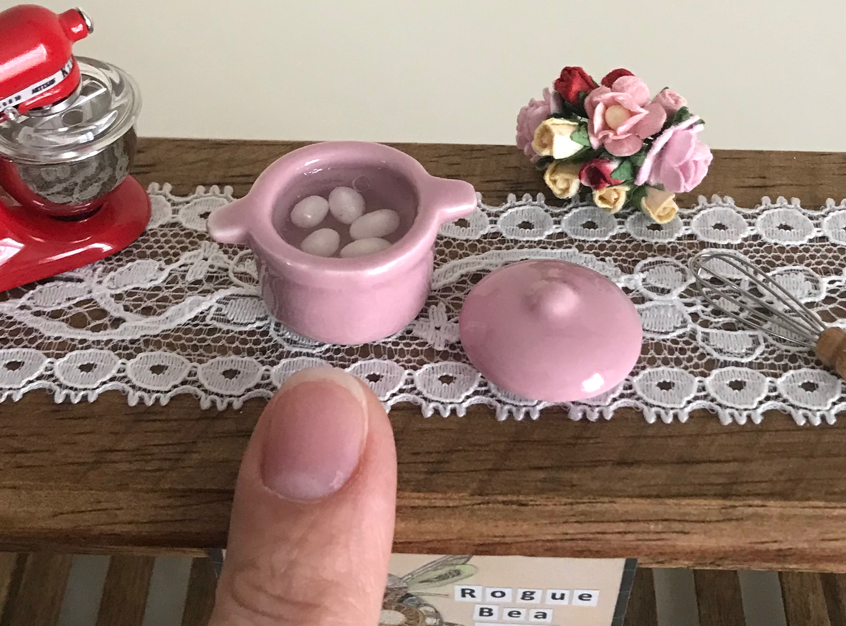 Mini Dollhouse 1:12 Scale Cermaic Pink Pot of Boiling Eggs, Cooking, Easter