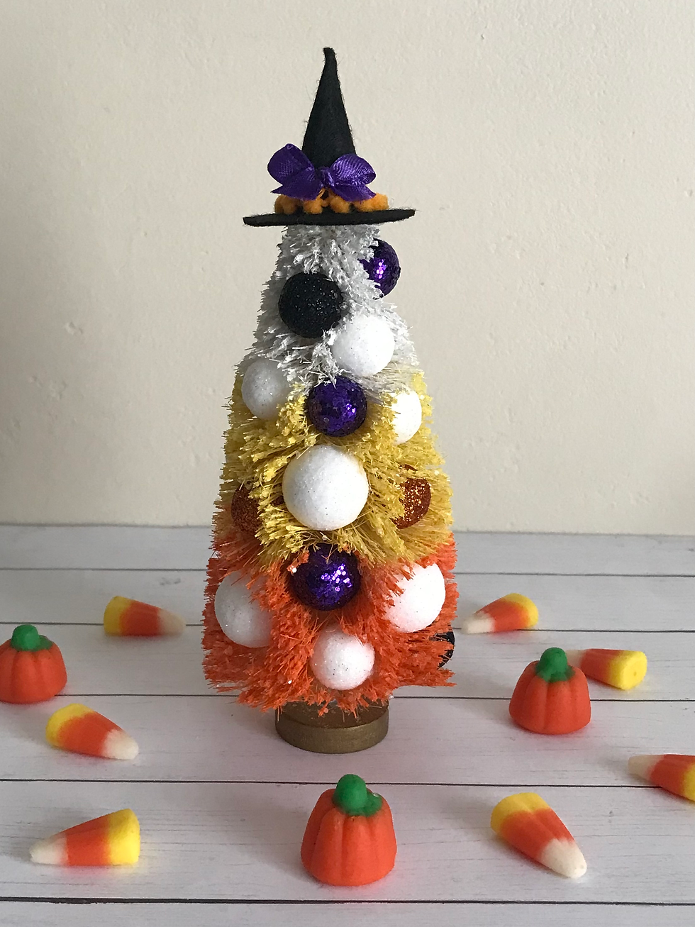 Glittery Candy Corn Witch Hat Bottle Brush Decorated Tree, Halloween Décor