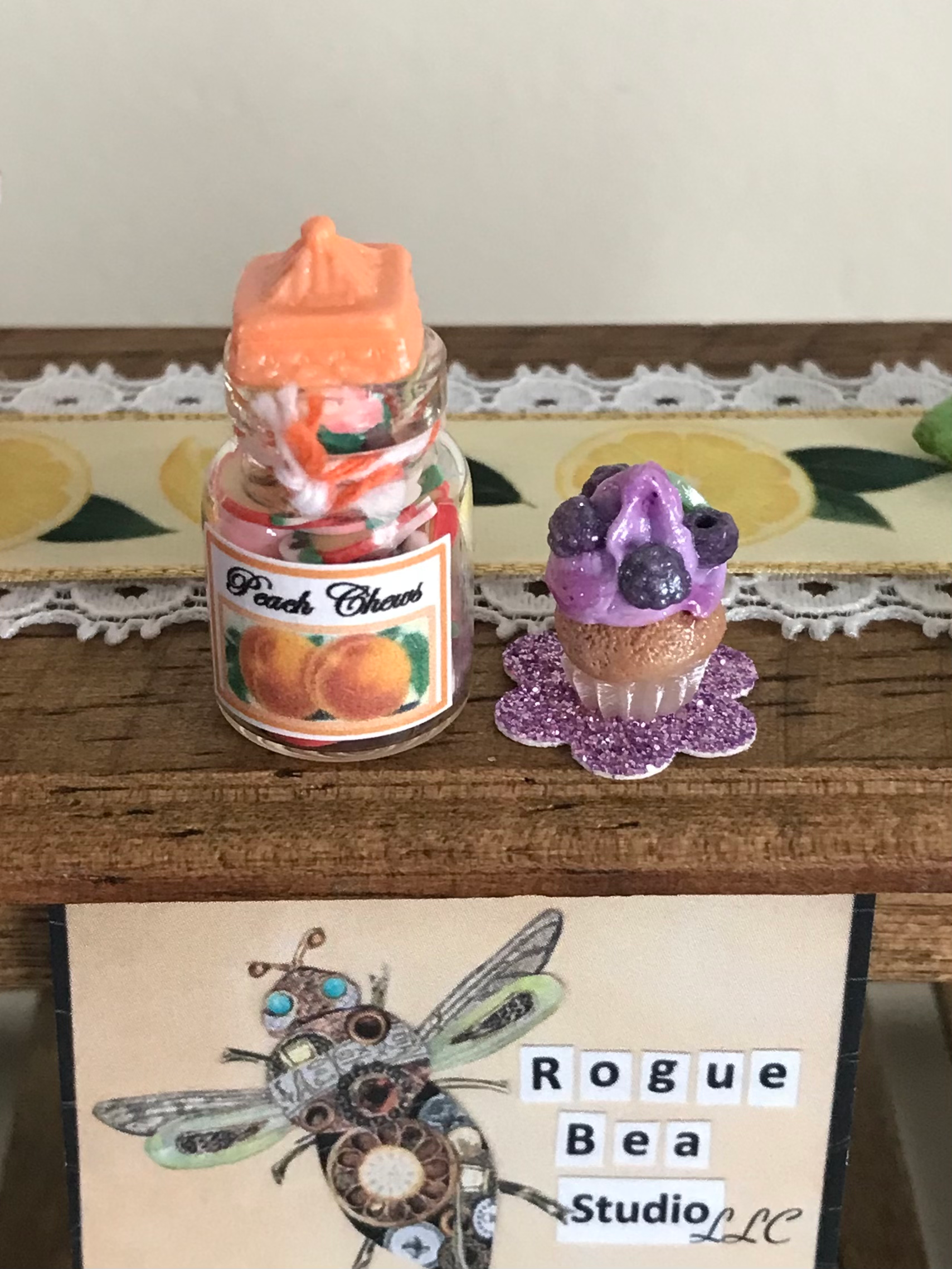 Set of 2, Mini Dollhouse 1:12 Peach Fruit Glass Candy Jar & Blackberry Cupcake