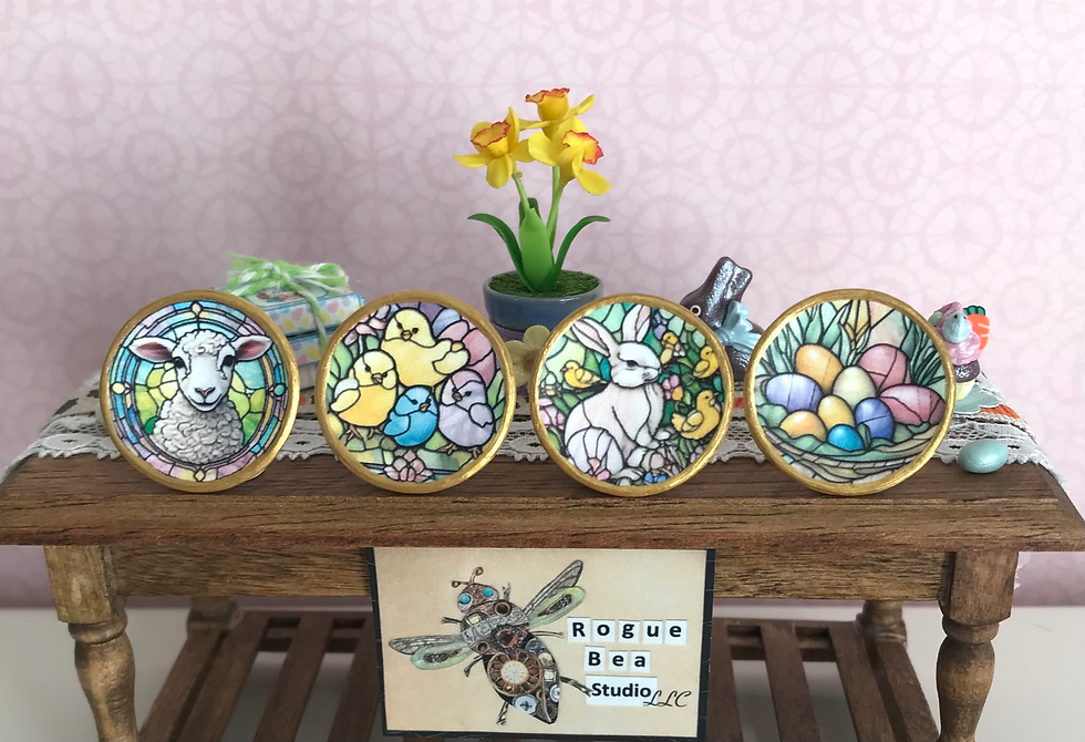 Set of 4 Mini Dollhouse Easter Ceramic Plates, Stained Glass Inspired, Bunny
