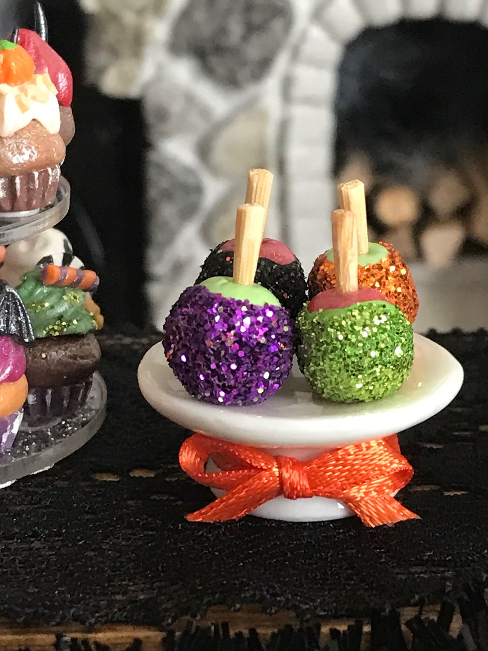 Set of 4 Dollhouse Miniature 1:12 Scale Candy Apples on Ceramic Tray