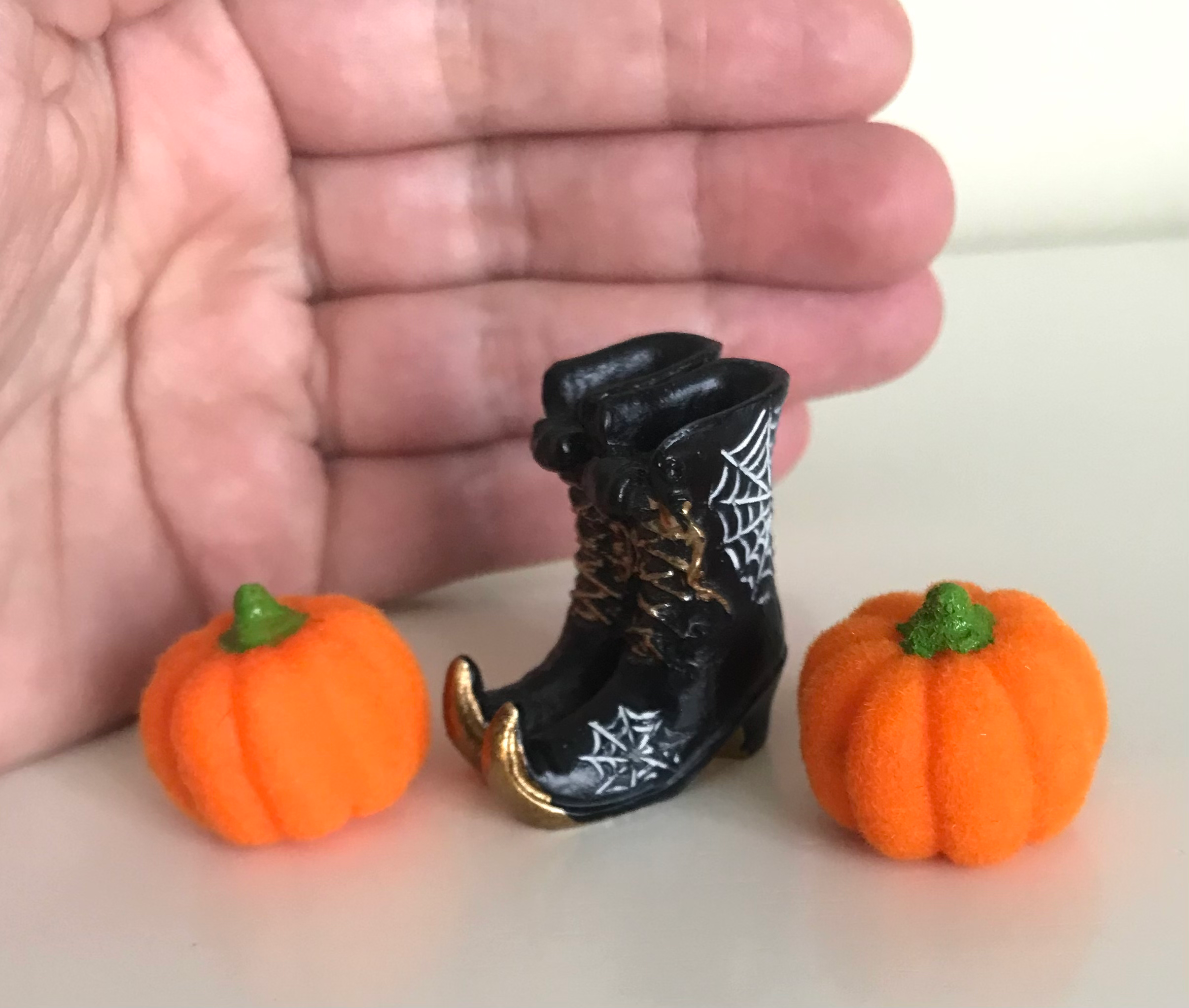 Set of 3 Mini Indoor Fairy Garden or Halloween Village, Witch Boots & Pumpkins