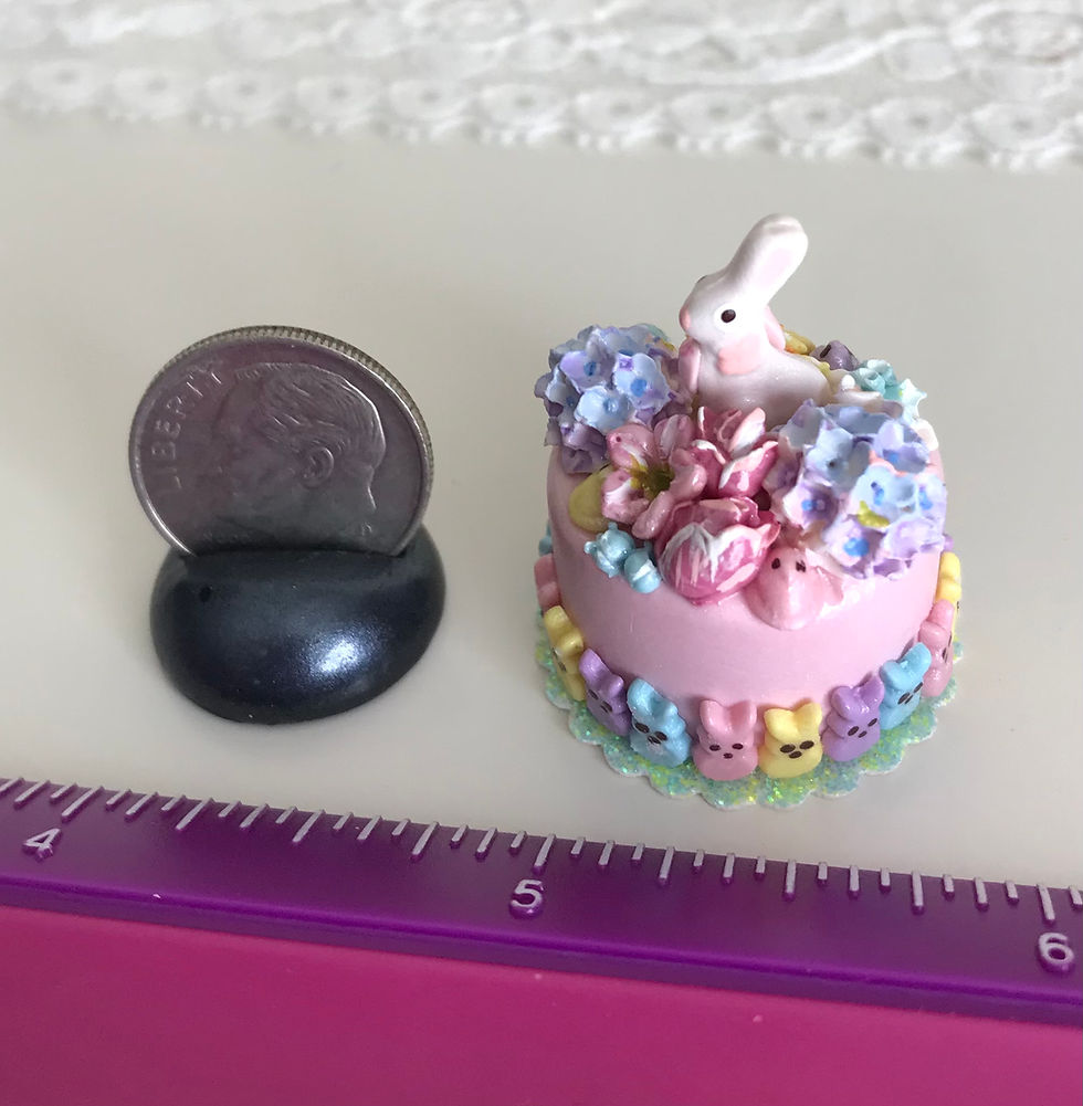 Thumbnail: Miniature Dollhouse 1:12 Scale, Handmade Easter Peeps Cake with White Rabbit