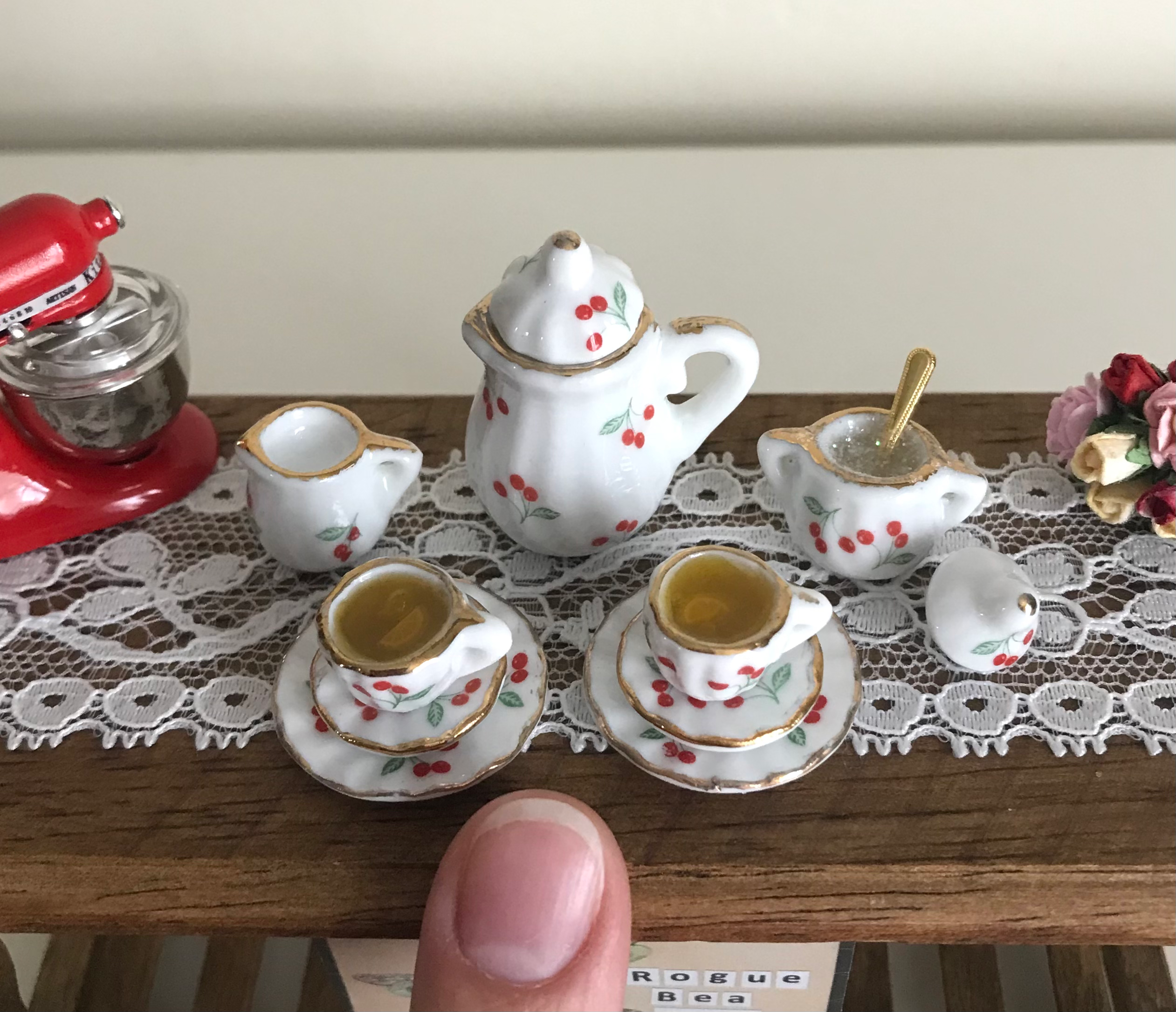 Mini Dollhouse 1:12 Cherry Print Ceramic Teapot and Tea Set, Sugar, Drinks