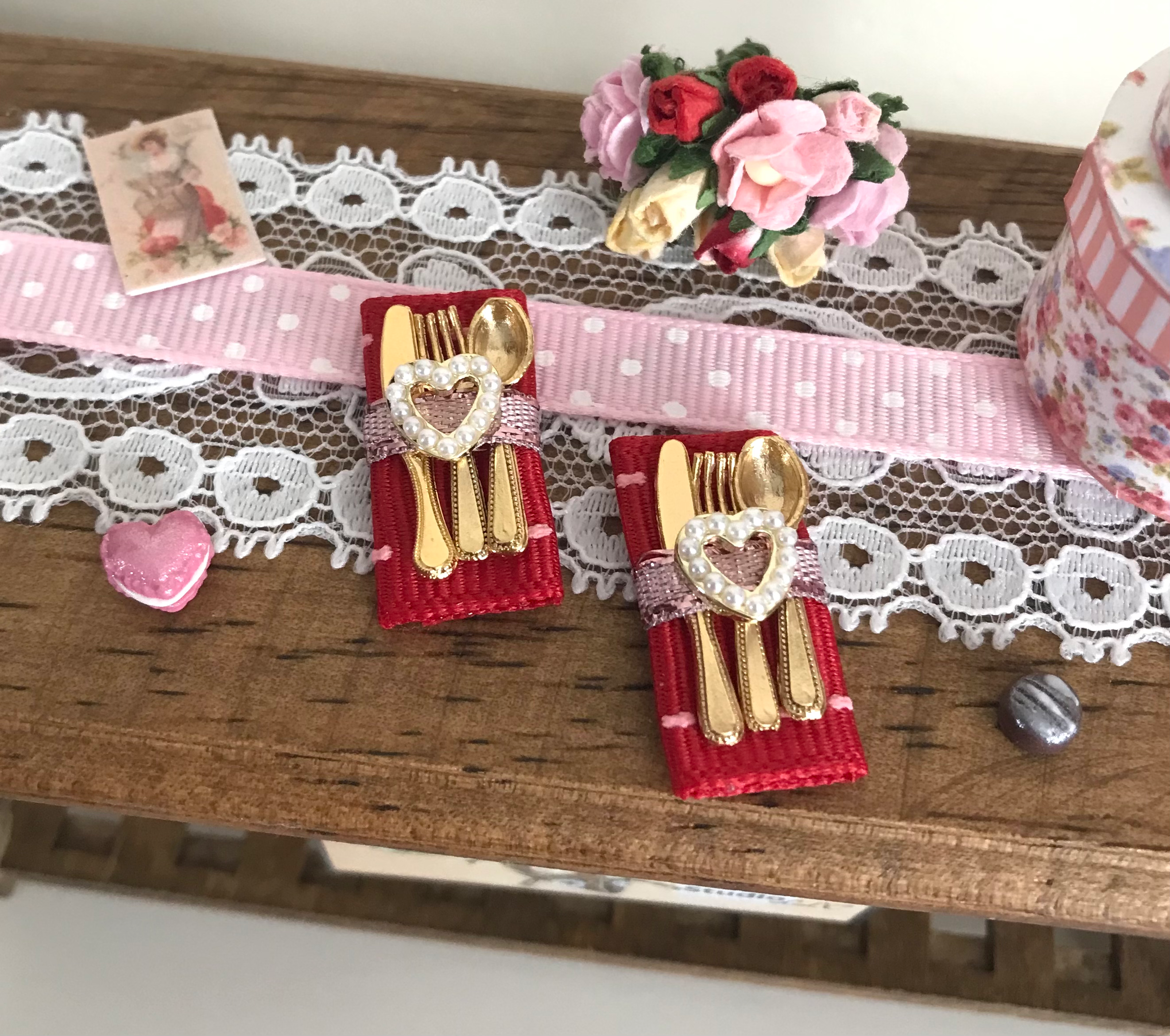 Set of 2 Valentine's Day Dollhouse 1:12 Napkins with Gold Silverware & Hearts