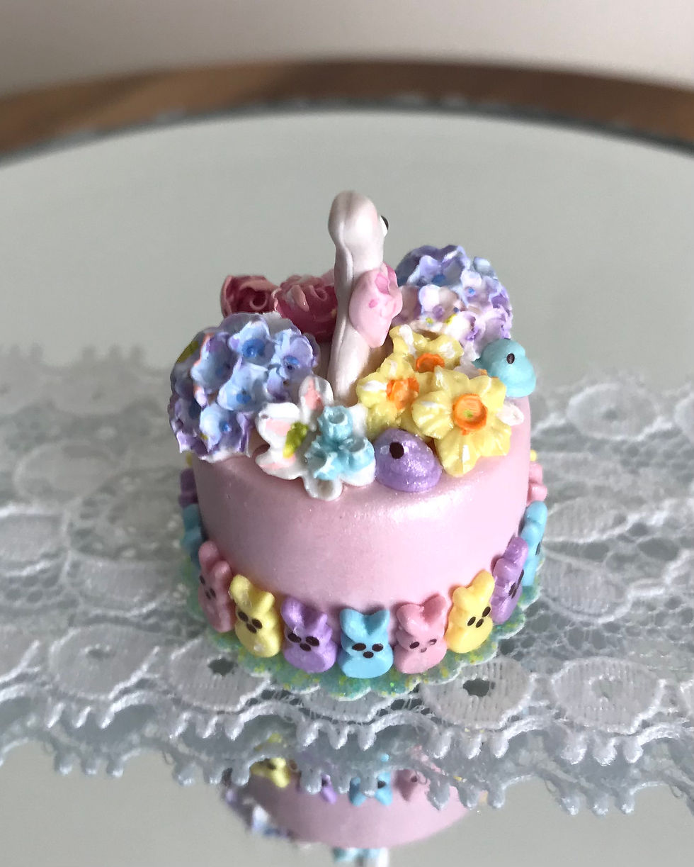 Thumbnail: Miniature Dollhouse 1:12 Scale, Handmade Easter Peeps Cake with White Rabbit