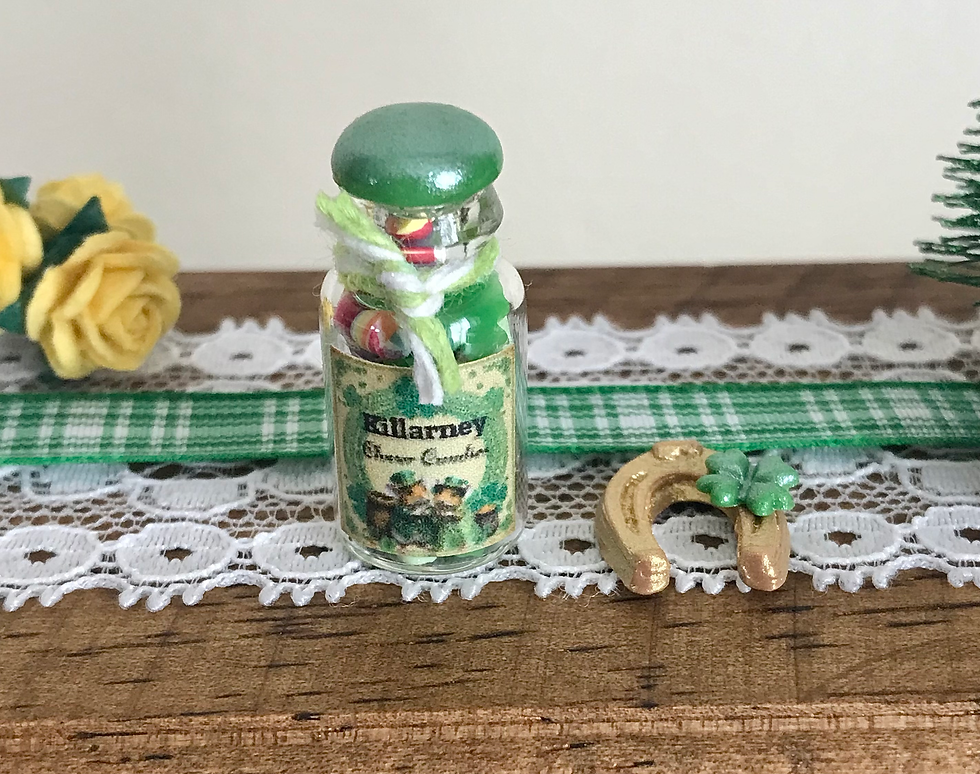 2 Mini Dollhouse St. Patrick's Day Glass Candy Jar & Horseshoe with Clover