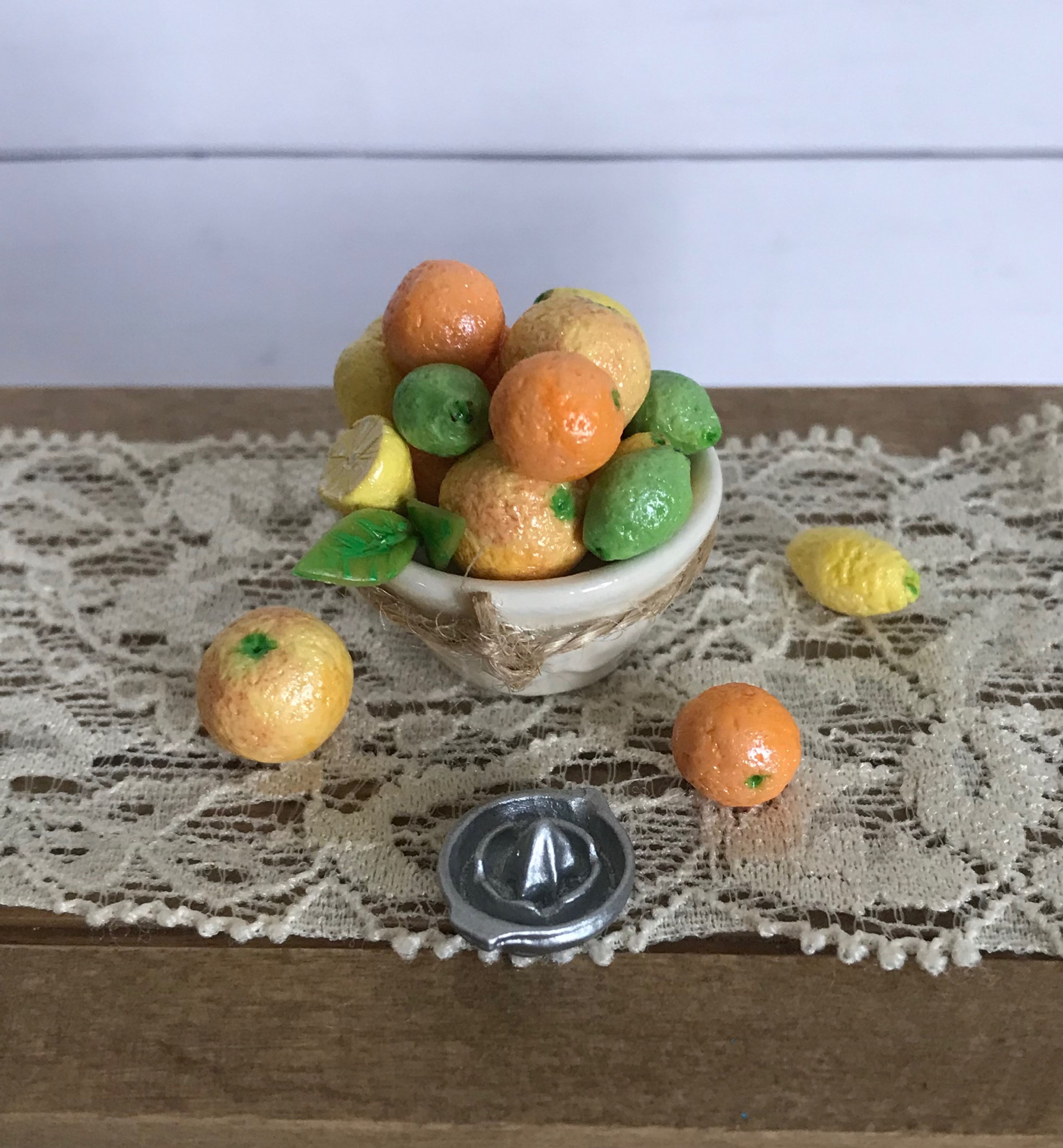 Ceramic Bowl Filled with Mini Dollhouse Handmade 1:12 Scale Citrus Fruit