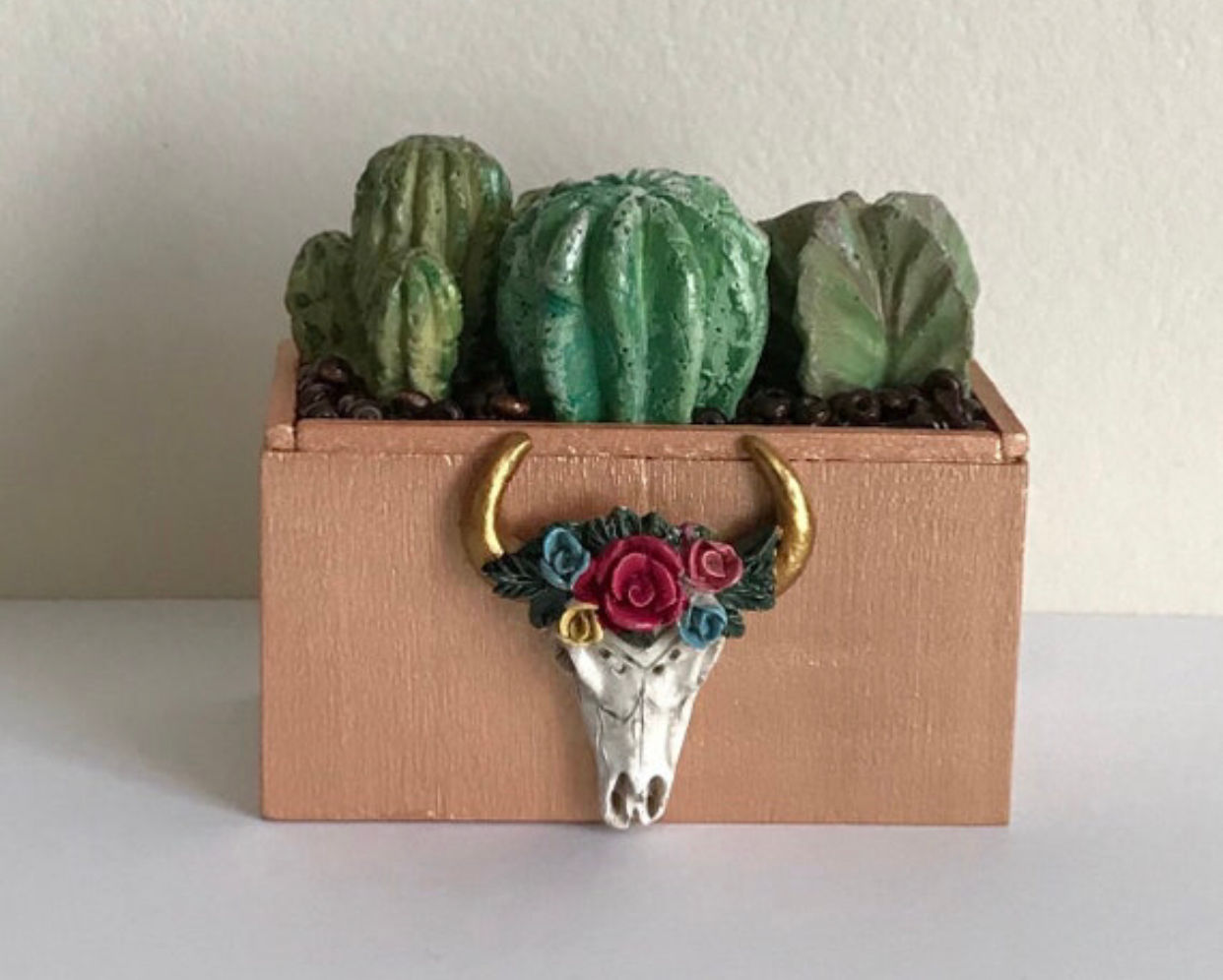 Larger Miniature Dollhouse Handmade Cactus Raised Planter with Skull