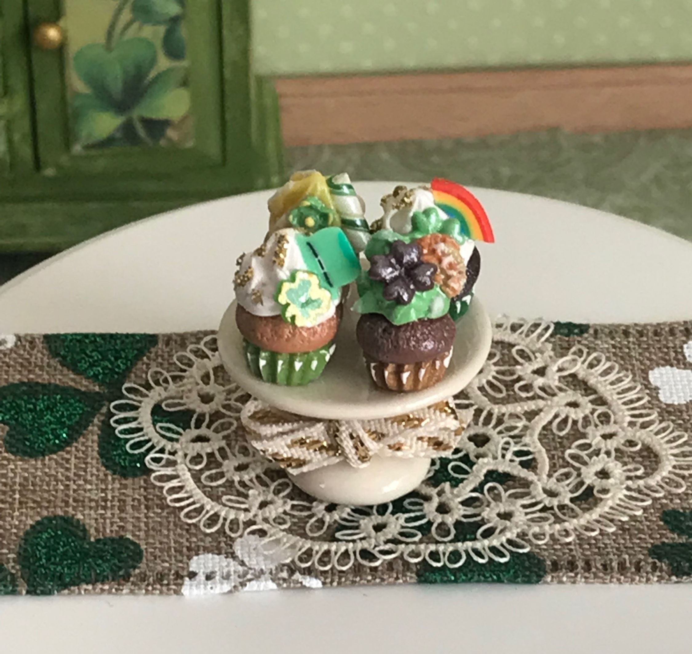 St. Patrick's Day Dollhouse, 1:12 Scale Handmade Cupcakes on Ceramic Tray