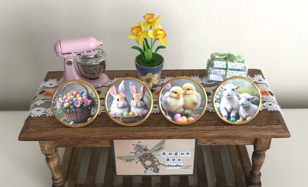 Set of 4 Mini Dollhouse Easter Ceramic Plates with Bunny, Chick, Lamb and Basket