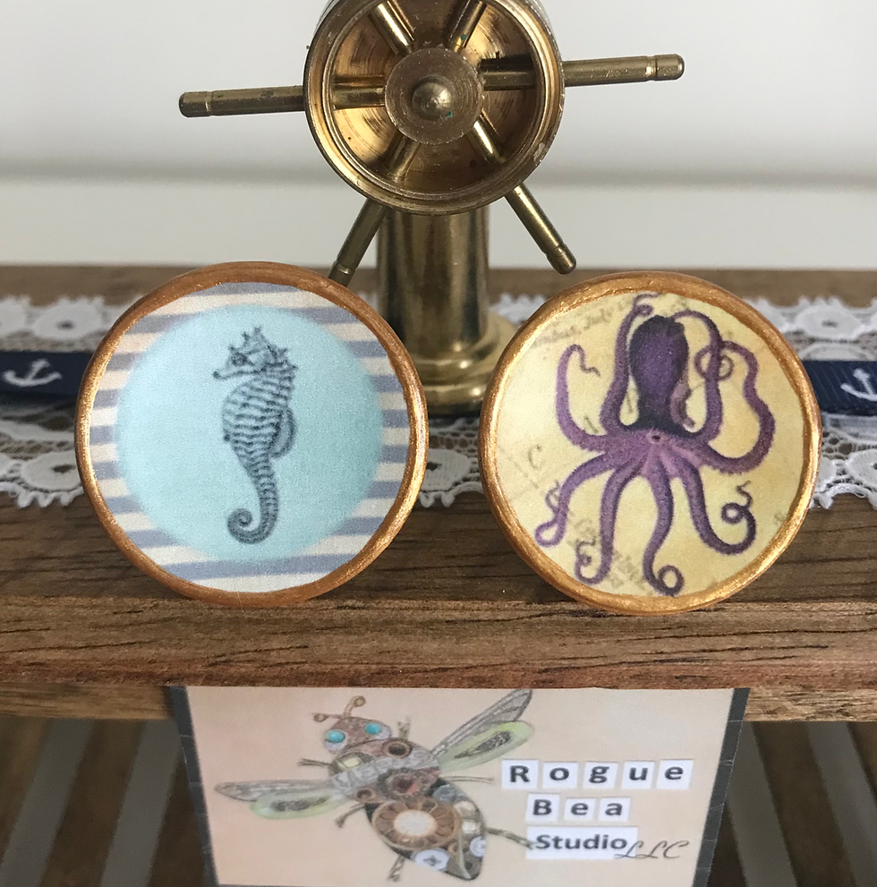 Thumbnail: Set of Two, 1:12 Scale Nautical Dollhouse Mini Ceramic Octopus & Seahorse Plates