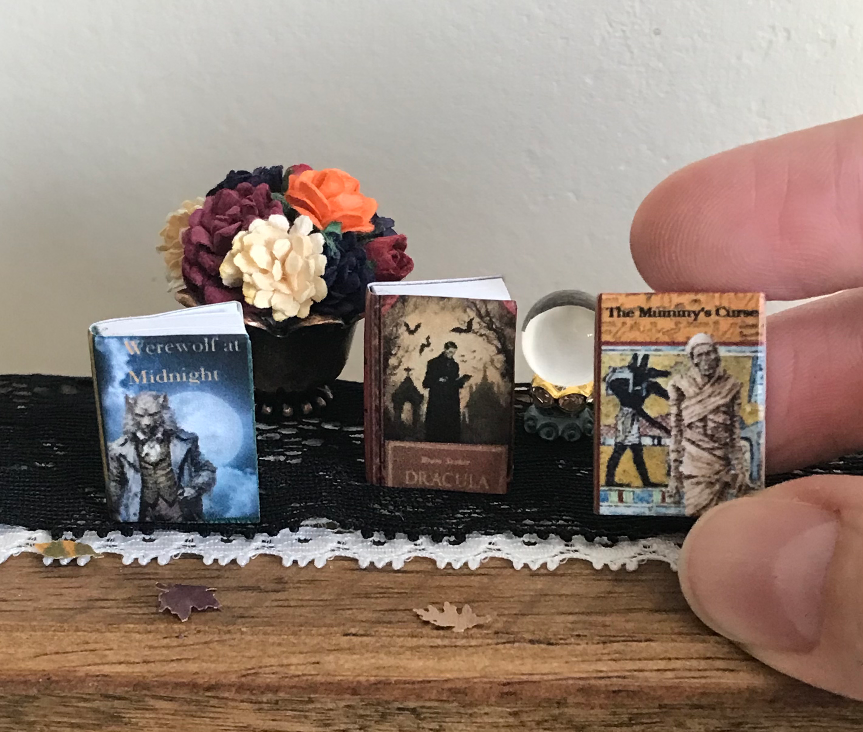 Set of 3 Halloween Dollhouse Mini Monster 1:12 Scale Books, Dracula, Werewolf